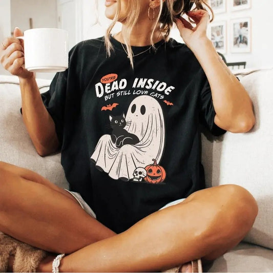 Funny Cat Shirt, Dead Inside But Still Love Cats, Black Cat Halloween Shirt, Ghost Shirt