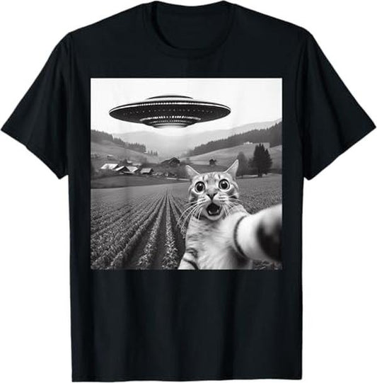 Funny Cat Shirts, Cat Selfie With Alien UFO Funny Cat Gifts For Men Women T-Shirt - Menswear Top Casual Classic