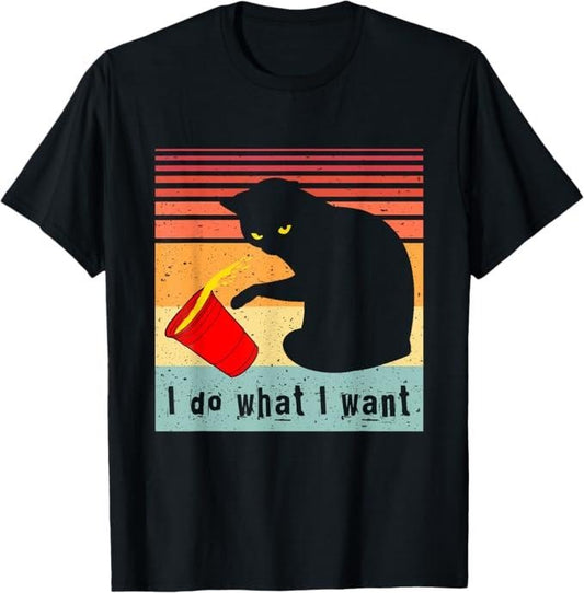 Funny Cat Shirts, Do What I Want Vintage Black Cat Red Cup Funny My Cat T-Shirt - Menswear Top