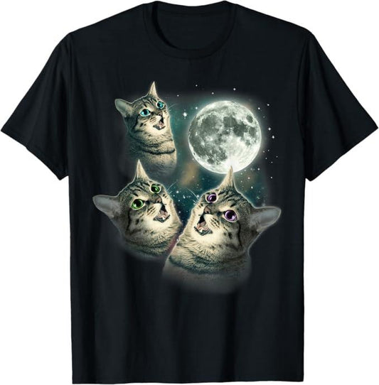 Funny Cat Shirts, Funny Cat Shirt Three Cat Moon 3 Wolfs Cute Kitten Graphic T-Shirt - Menswear Top
