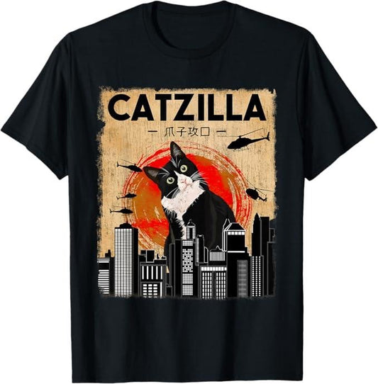 Funny Cat Shirts, Vintage Catzilla - Funny Tuxedo Cat And Kitten T-Shirt - Menswear Top