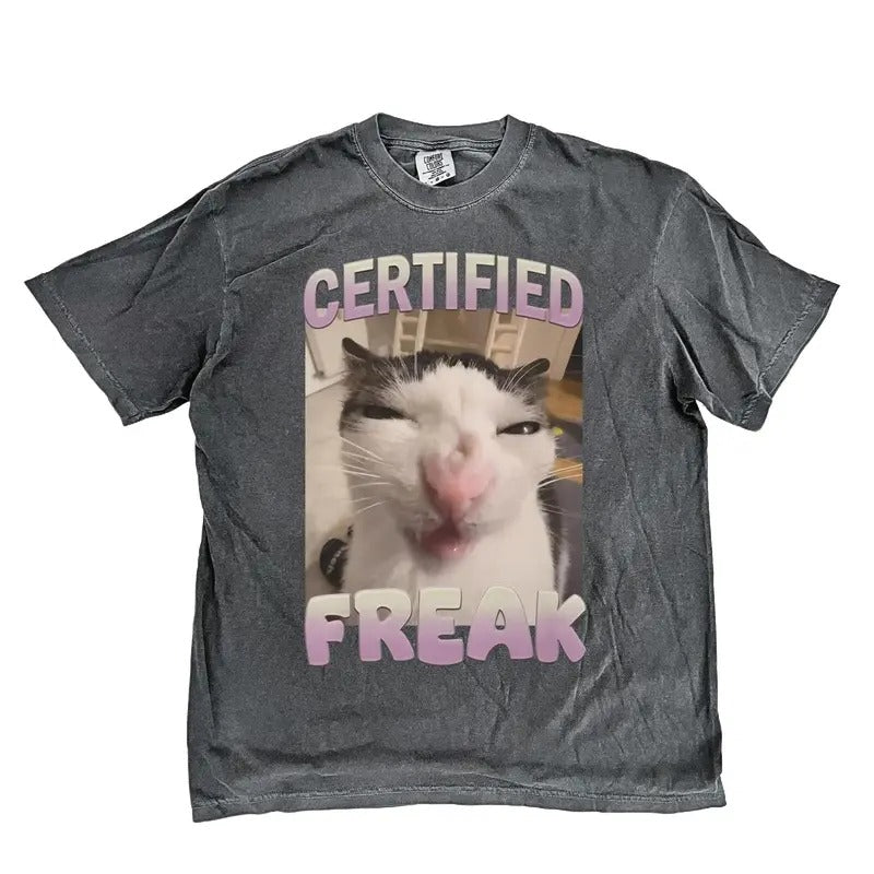 Funny Certified Freak Cat Meme Graphic Shirt, Vintage Funny Cat T-Shirt, Retro Washed Distressed Tee, Cat Lovers Gift, Funny Teenager Gift
