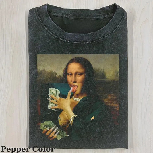 Funny Character Vintage Graphic Tee, Mona Lisa Counting Money T-Shirt, Unisex Meme Cringe Funny Shirt, Menswear Womenswear Streetwear Cotton Comfort