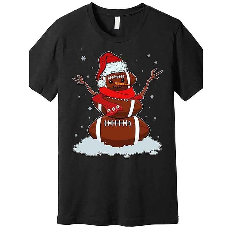 Funny Christmas Football Snowman Premium T-Shirt funny Short Sleeve Graphic T-shirt Collection black AA For Boy made in usa