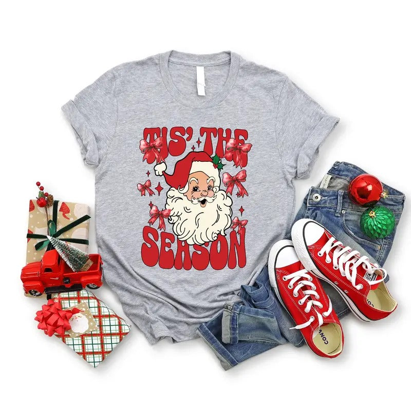 Funny Christmas T-Shirt, Tis The Season Christmas Shirt, Christmas Santa Tee, Xmas Party Gift Tee, Christmas Holiday Shirt, Santa Coquette Bow T-Shirt.