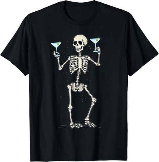 Funny Cocktail Shirts, Funny Halloween Skeleton Drinking Martini Cocktail T-Shirt | Funny Shirts For Night Out Menswear Casual Classic
