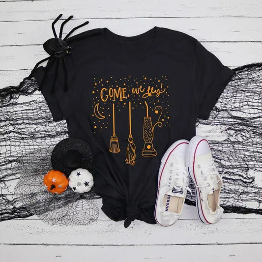 Funny Come We Fly Halloween Shirts, Witch Shirt, Hp Basic Witch Shirt, Happy Halloween Shirt Jersey Knit Casual Classic Casual Classic