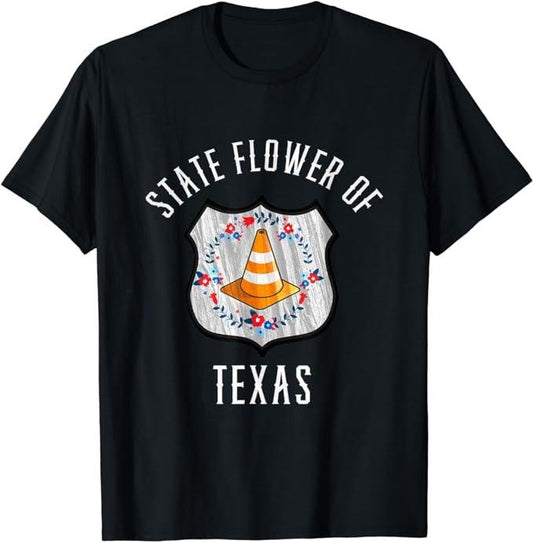 Funny Construction Work Shirts, State Flower of Texas Road Work Construction Cone Funny T-Shirt Menswear Top Basic Casual Cotton