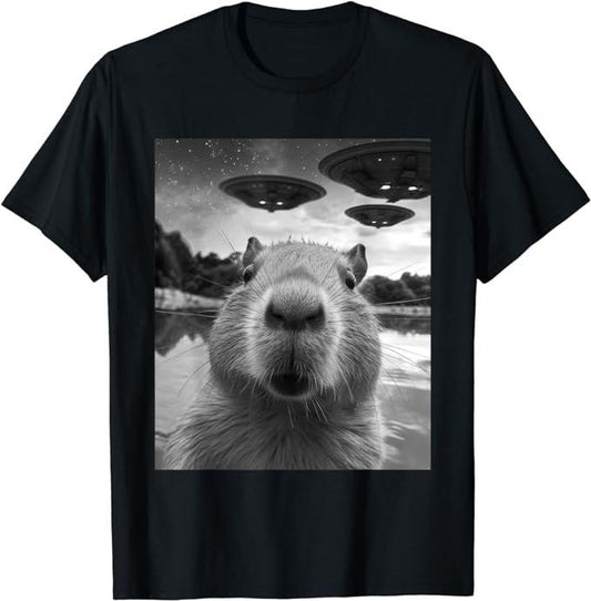 Funny Cute Capybara Shirts, Funny Graphic Tee Capybara Selfie with UFOs Weird T-Shirt Menswear Top Casual Classic