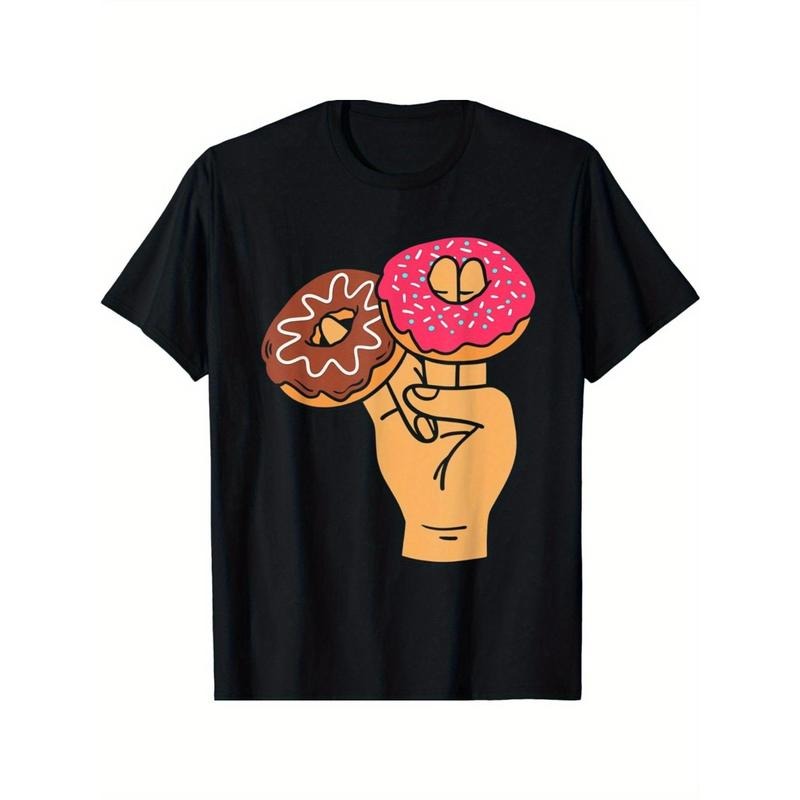 Funny Donut Graphic T-Shirt, 100% Cotton, Casual Crew Neck, Short Sleeve, Slight Stretch, Regular Fit, Knit Fabric, with Humorous Shocking Donut Print, for Men, All-Season, Weekend Casual Wear made in usa