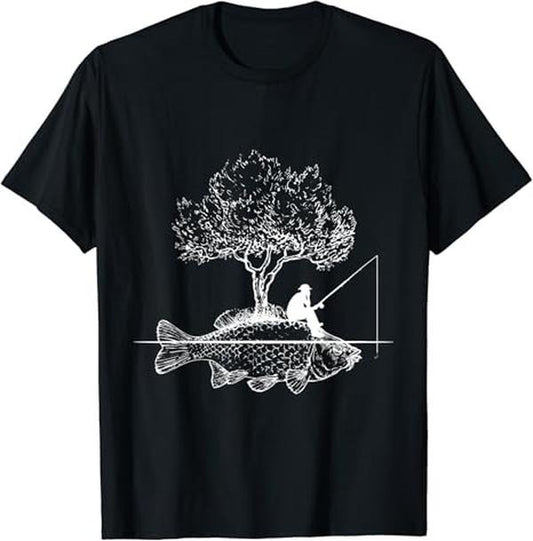 Funny Fishing Shirts, Fish Island Art Surreal Funny Carp Fisherman Gift T-Shirt Cotton Fashion Casual Classic