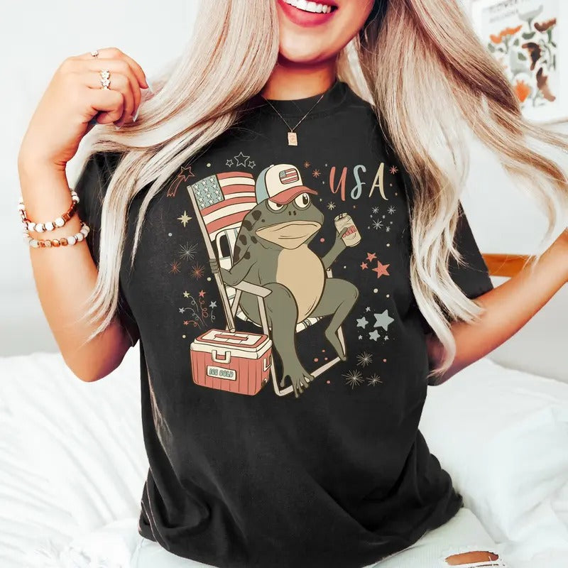 Funny Fourth Of July Shirt, Usa Graphic Tee, Frog Shirt, Womens Fourth Of July Shirt, Independence Shirt, Gift For American, 4th Of July Tee, Unisex T-Shirt, Gifts For Fan, Short Sleeve Tee Shirt, Gifts For Birthday Fathers Day Christmas Anniversary