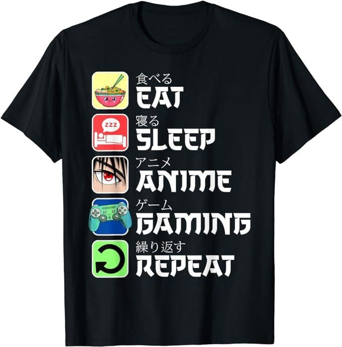 Funny Gamer Shirts, Special Gifts For Gamers, Eat Sleep Anime Gaming Repeat Japan Kawaii Manga Anime Gifts T-Shirt Menswear Top Casual Classic