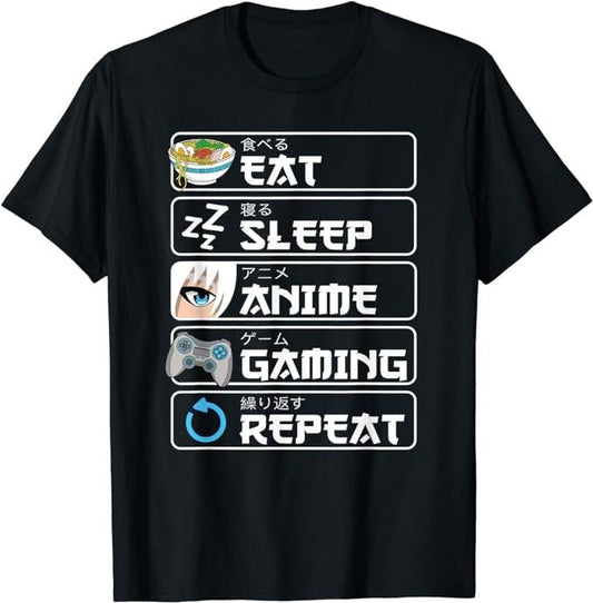 Funny Gamer Shirts, Special Gifts For Gamers, Eat Sleep Anime Gaming Repeat Otaku Anime Manga T-Shirt Menswear Top Casual Classic