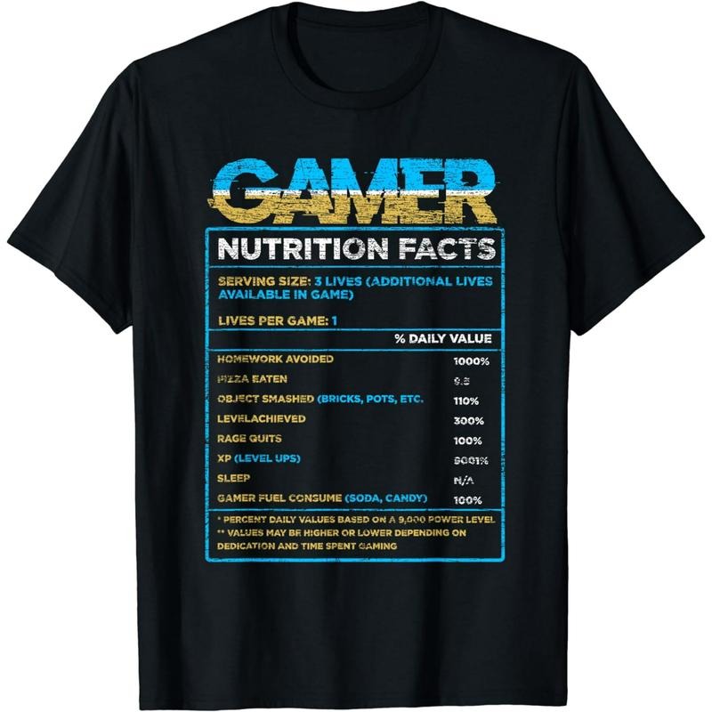 Funny Gamer Shirts, Special Gifts For Gamers, Gamer Nutrition Facts Funny Video Games Gaming T-Shirt Menswear Top Casual Classic