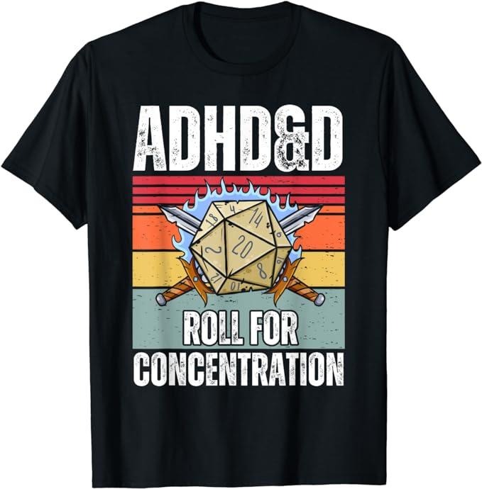 Funny Gamer Shirts, Special Gifts For Gamers, Retro Vintage ADHD&D Roll For Concentration Funny Gamer T-Shirt Menswear Casual Classic
