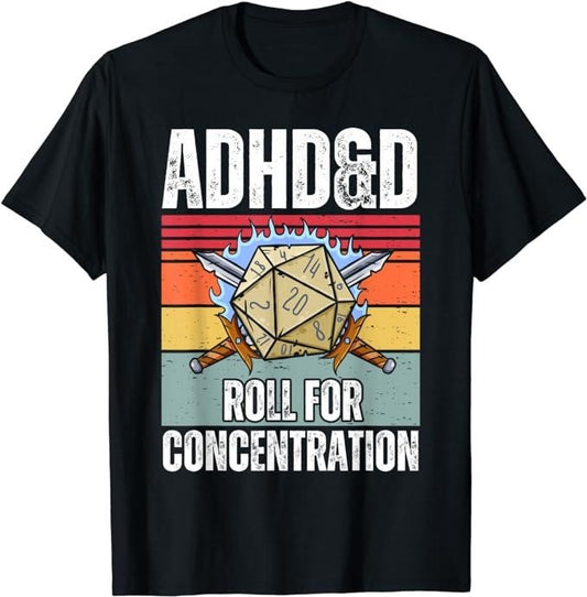 Funny Gamer Shirts, Special Gifts For Gamers, Retro Vintage ADHD&D Roll For Concentration Funny Gamer T-Shirt Menswear Casual Classic