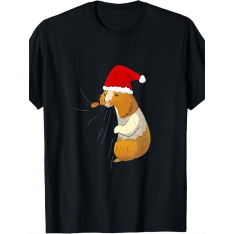 Funny Guinea Pig Christmas Hat Graphic Tee - 100% Cotton, Casual Fit Short Sleeve T-Shirt for Men made in usa