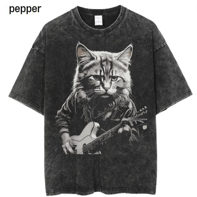 Funny Guitar Cat - Rock Cat Playing Guitar Music cute cat T-Shirt, Rock Cat Playing Guitar Vintage Shirt, Retro Funny Guitar Cat T-Shirt, Cat Lovers, Rock Lovers Gift, Funny Gift Shortsleeve