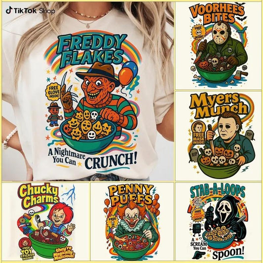 Funny Halloween Graphic Horror Character Shirt, Retro Horror Shirt, Horror Cereal Shirt, Halloween Movie, Gift for Women for Men Back to School, Casual Top Unisex