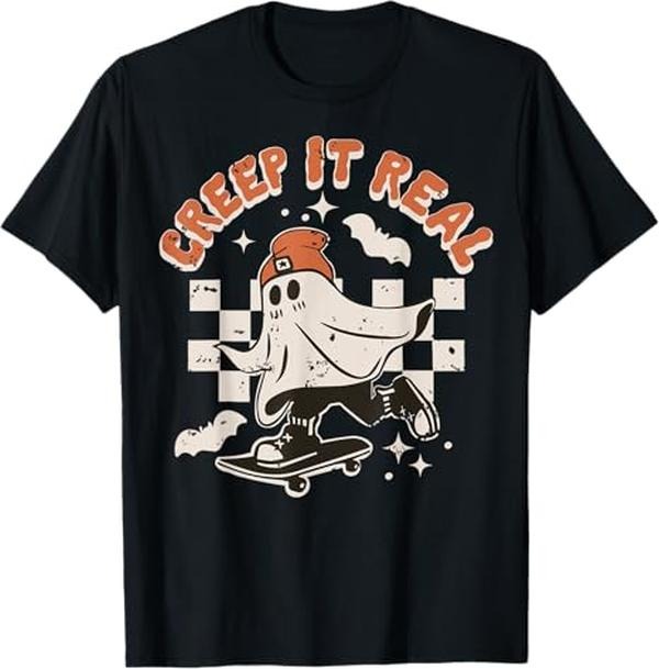 Funny Halloween Shirts For Men, Retro Halloween Creep it Real Funny Ghost Skateboard T-Shirt Menswear - Available from size S to 5XL