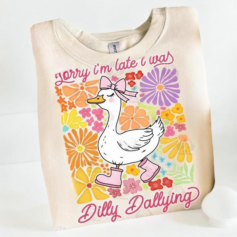 Funny Mama Goose Crewneck Sweatshirt, Sorry I'm Late I Was Dilly Dallying Goose Tee, Sarcastic Retro Shirt, Boho Floral Preppy Mom Gift Printed Cotton Womenswear