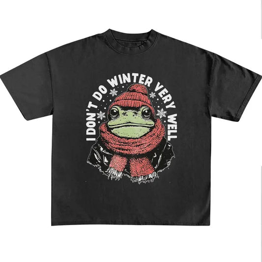 Funny Meme Don't Do Winter Very Well Graphic Shirt, Unisex Retro Christmas Frog Gift, Vintage Style Cotton Shirt, Humorous Quote Merch