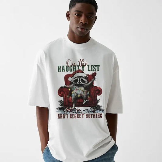 Funny Meme On The Naughty List And I Regret Nothing Shirt, Unisex Retro Christmas Raccoon Gift, Vintage Style Cotton Shirt, Humorous Quote Merch
