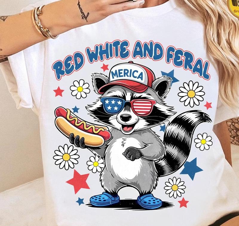 Funny Meme Racoon Red White And Feral Tshirt 4th Of July T-Shirt Retro Graphic