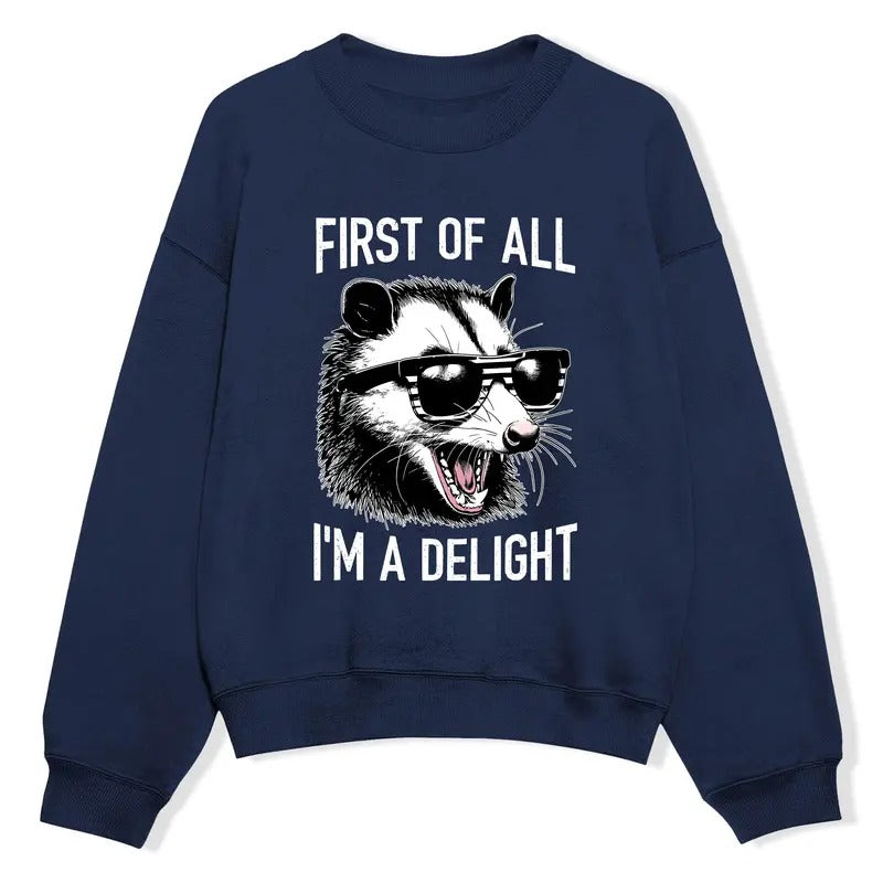 Funny Meme Shirt, First Of All I'm A Delight Funny Raccoon Sweatshirt, Sarcastic Raccoon Merch, Unisex Mental Health Shirt, Gift For Opossum Lover