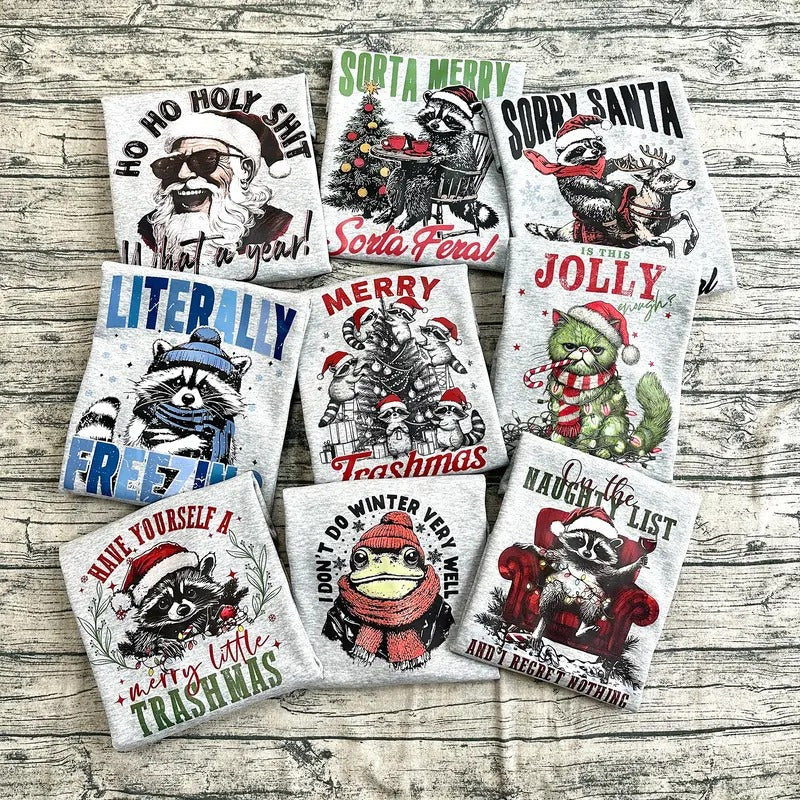 Funny Meme Shirt, Unisex Retro Christmas Raccoon Gift, Full Collection Xmas Vintage Style Cotton Shirt, Humorous Quote Merch