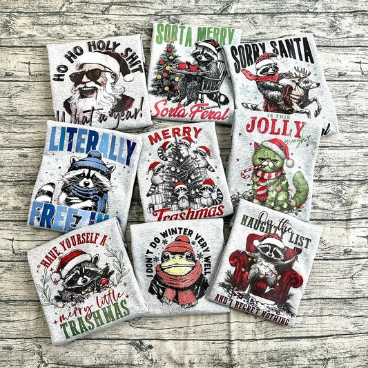 Funny Meme Shirt, Unisex Retro Christmas Raccoon Gift, Full Collection Xmas Vintage Style Cotton Shirt, Humorous Quote Merch