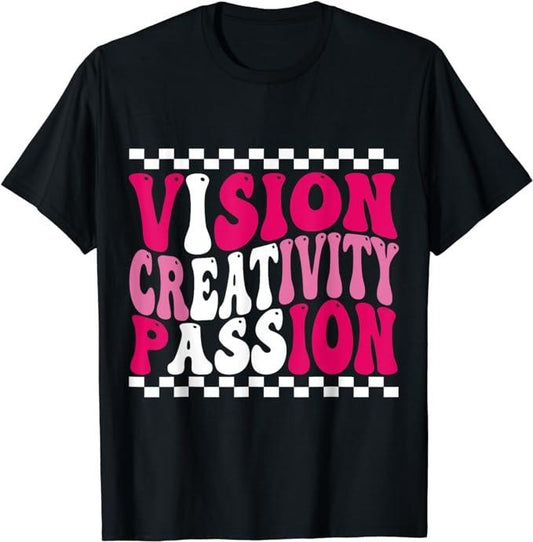 Funny Men Shirts, Vision Creativity Passion Funny Saying Retro Groovy T-Shirt Menswear Top Casual Cotton Tee Basic