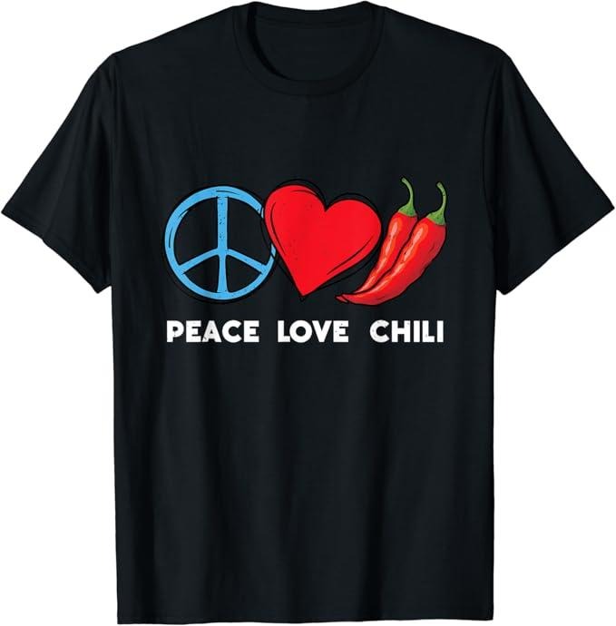 Funny Mexican Shirts, Peace Love Chili Peppers Red Hot Spicy Pepper Eat Mexican T-Shirt Menswear Top Casual Classic