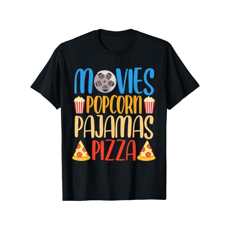 Funny Popcorn & Pizza Movie Night Graphic Tee - 100% Cotton, Soft & Breathable, Casual Crew Neck T-Shirt for Men, Black Sizes S-XXXL made in usa