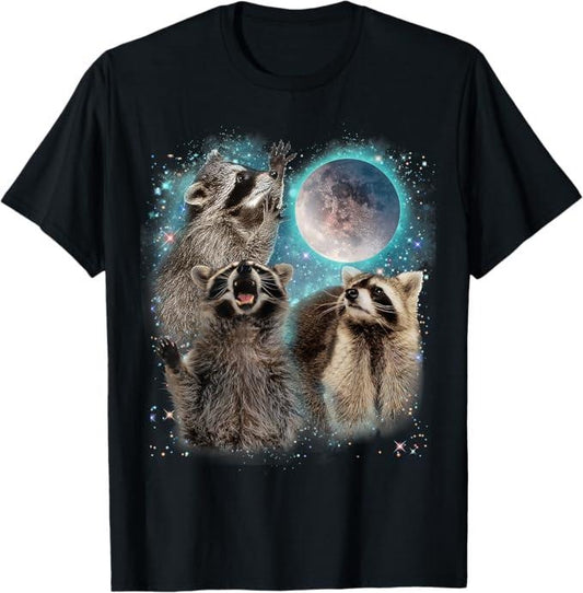 Funny Raccoon Shirt, 3 Racoon Moon Howling Raccoon Head Funny T-Shirt For Men - Available from size S to 5XL Vintage Raccoon