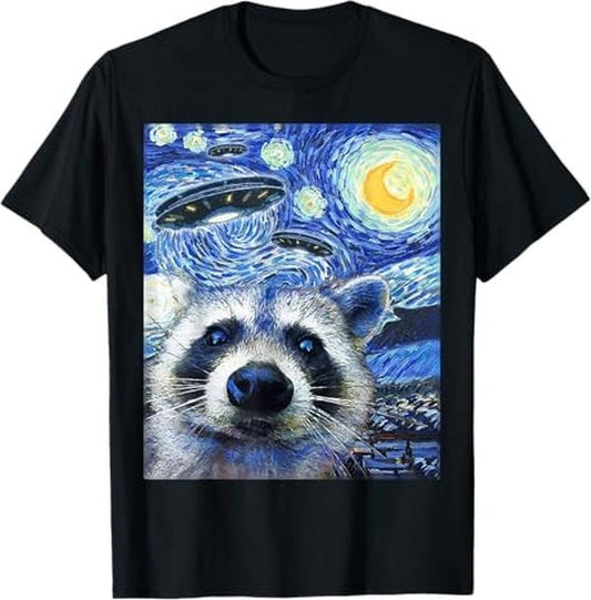 Funny Raccoon Shirt, Alien UFO Funny Raccoon Starry Night Racoon Van Gogh Vintage Funny T-Shirt For Men - Available from size S to 5XL Vintage Raccoon