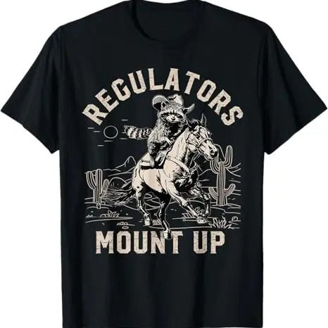 Funny Raccoon Shirt, Regulators Mount Up Halloween Funny Cowboy Raccoon T-Shirt For Men - Available from size S to 5XL Vintage Raccoon