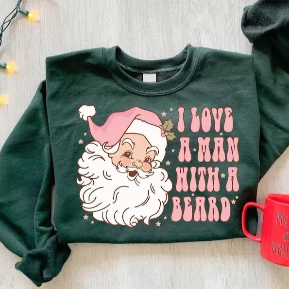 Funny Santa Beard Sweatshirt, Retro Pink Santa Christmas Sweatshirt, Womens Christmas Sweatshirt, Holiday Sweater, Cute Christmas Sweatshirt