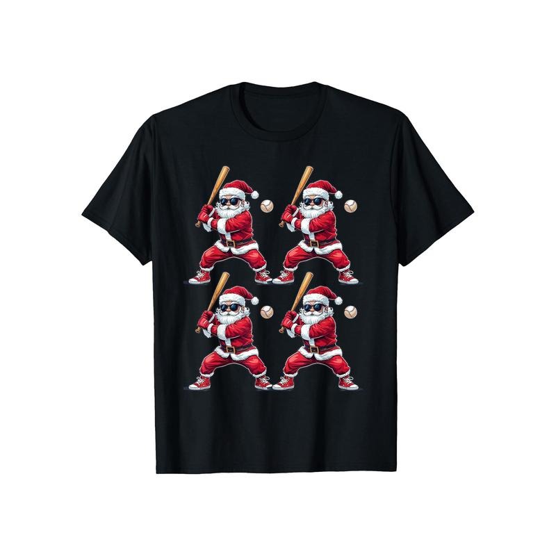 Funny Santa Playing Baseball Graphic Tee - Soft Cotton, Casual Fit, Crew Neck, Short Sleeve T-Shirt for Men made in usa