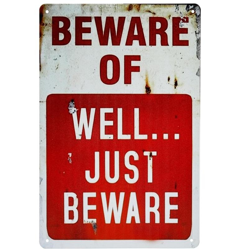 Funny Sign Beware of Well Just Beware Sign for Man Cave Halloween Home Decor Red and White Warning Plaque