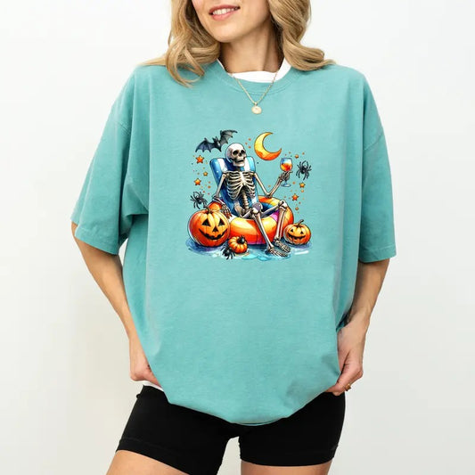Funny Skeleton Summer Shirt Comfort Colors, Just Waiting For Halloween Skeleton Tee, Summer Beach Tees, Halloween Summer Shirt for Girl, Pumpkin Skeleton Tshirt, Spooky Season T-shirt, Casual Womenswear, Oversized Women's Tops, Relaxed Fit Chic Style