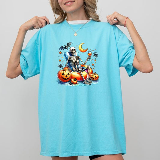 Funny Skeleton Summer Shirt, Just Waiting For Halloween Skeleton Tee, Pumpkin Skeleton Tshirt, Summer Beach Tee, Halloween Summer Shirt for Girl, Spooky Season T-shirt, Casual Womenswear, Oversized Women's Tops, Comfort Colors Tees, Relaxed Fit Chic Style