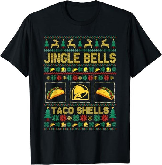 Funny Taco Shirts, Gifts For Mexican Food Lovers, Christmas Jingle Bells Taco Shells Funny Ugly Xmas Sweater T-Shirt Menswear Top Casual Classic
