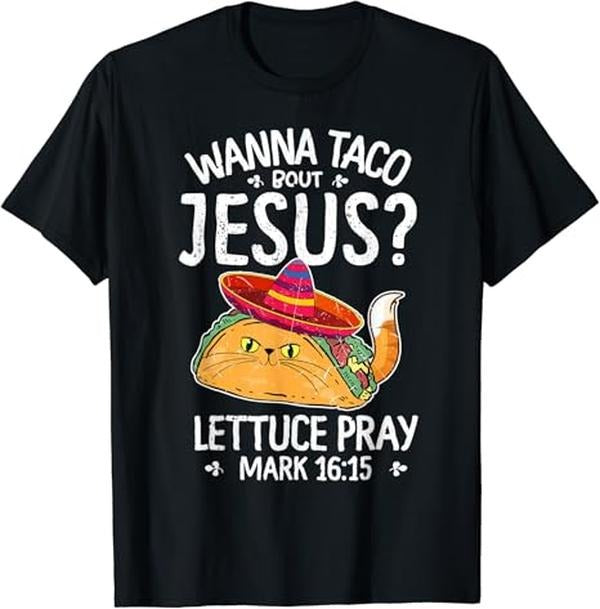 Funny Taco Shirts, Gifts For Mexican Food Lovers, Let's Taco Bout Jesus Funny Cinco De Mayo Cute Taco Cat T-Shirt Menswear Top Casual Classic