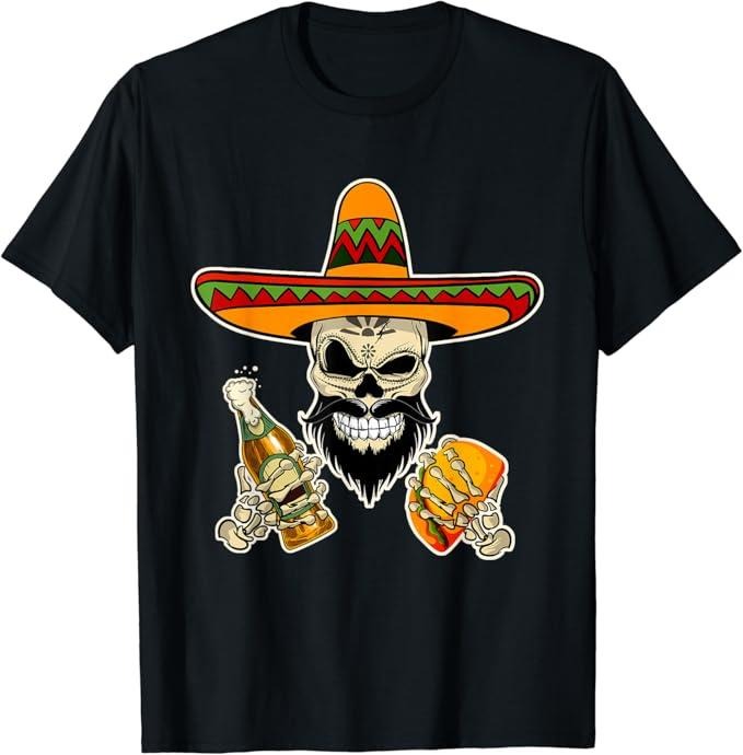 Funny Taco Shirts, Gifts For Mexican Food Lovers, Mexican Sugar Skull with Tacos and Beer Funny T-Shirt Menswear Top Casual Classic
