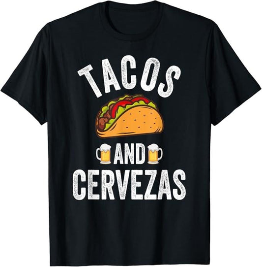 Funny Taco Shirts, Gifts For Mexican Food Lovers, Tacos And Cervezas Shirt Funny Cinco De Mayo Mexican Party T-Shirt Menswear Top Casual Classic