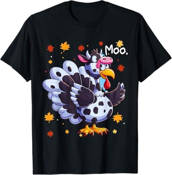 Funny Thanksgiving Shirts, Thanksgiving Fake Turkey Moo Cow Head Funny Fall T-Shirt - Menswear Top