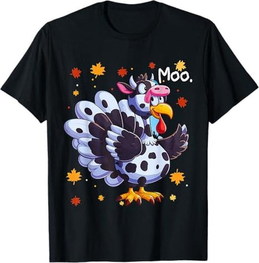 Funny Thanksgiving Shirts, Thanksgiving Fake Turkey Moo Cow Head Funny Fall T-Shirt - Menswear Top