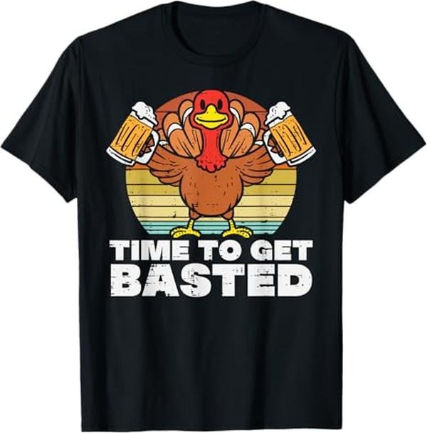 Funny Thanksgiving Shirts, Turkey Time To Get Basted Retro Happy Thanksgiving  T-Shirt - Menswear Top